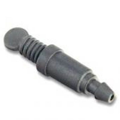 Tampão preto de plástico ou borracha com formato cilíndrico e botão superior.