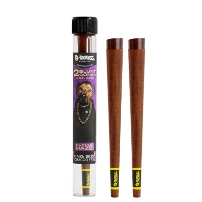 Conjunto de 2 cones para enrolar fumar G-Rollz em embalagem transparente com tampa preta e etiqueta roxa com cão e texto.