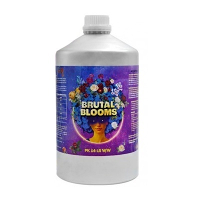 Frasco branco com rótulo roxo e texto BRUTAL BLOOMS
