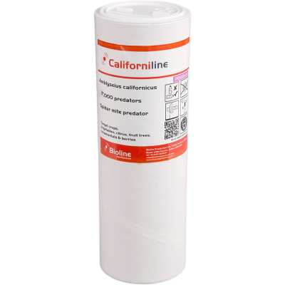 Frasco branco com rótulo de produto CaliforniLine para controlo biológico agrícola