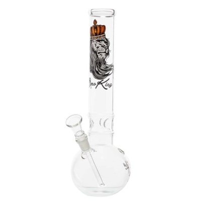 Vidro transparente para fumar com leão coroado e texto Bong King