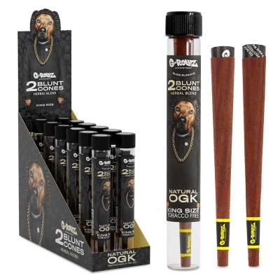 Expositor de blunt cones e tubos plásticos com blunt cones G-Rollz Amsterdam em mistura herbal.