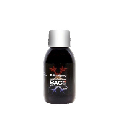 Frasco preto com tampa branca e etiqueta colorida do produto Foliar Spray BAC