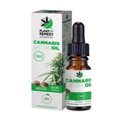 Frasco e embalagem de óleo de cannabis sativa 10ml com texto verde e preto
