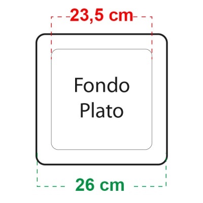 Prato fundo quadrado branco com texto Fondo Plato e dimensões 23,5 cm e 26 cm.