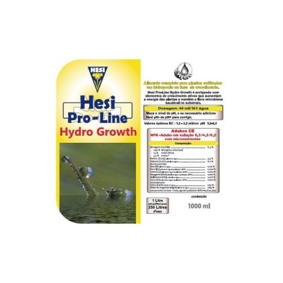 Embalagem do fertilizante líquido Hesi Pro-Line Hydro Growth 1000 ml com tabela nutricional e imagem de planta aquática