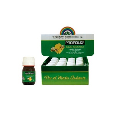 Frasco pequeno marrom com rótulo verde e caixa verde com várias unidades do produto Propolix