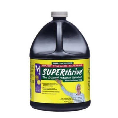 Frasco de líquido concentrado SUPERthrive com rótulo amarelo e imagem de homem apontando