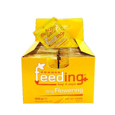 Caixa amarela com pacotes de pó alimentação plantas long Flowering