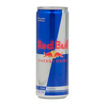 Lata de bebida energética Red Bull azul e prata com texto vermelho