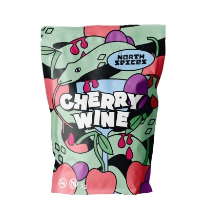 Embalagem colorida com design artístico e texto CHERRY WINE da marca NORTH SPICES.
