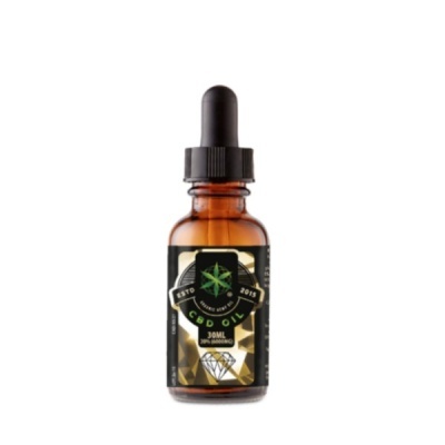 Frasco âmbar com conta-gotas e rótulo de CBD OIL preto e dourado