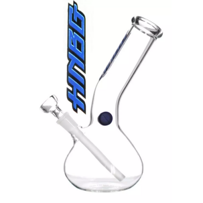 Bong de vidro transparente com logotipo HANG em azul e preto.