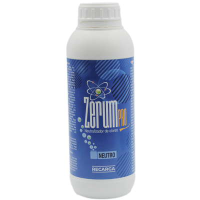 Frasco branco com rótulo azul do neutralizador de odores Zerum PRO