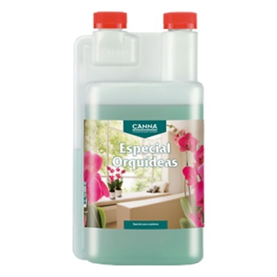 Frasco de fertilizante líquido para orquídeas com rótulo verde e flores cor-de-rosa
