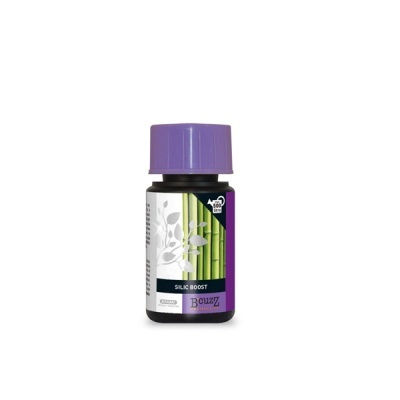 Frasco preto com tampa roxa e rótulo branco e roxo com imagem de bambu