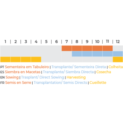 Tabela com cores e meses para atividades agrícolas em várias línguas.