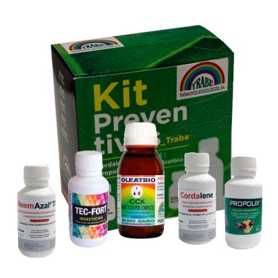 Kit preventivo Trabe com cinco frascos pequenos de inseticidas e biológicos