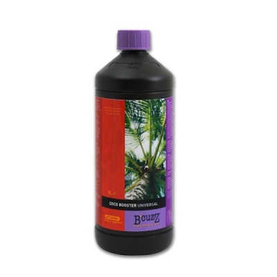 Frasco preto com tampa roxa e rótulo colorido de produto Coco Booster Universal