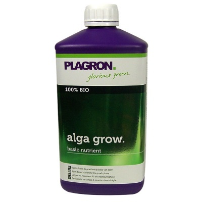 Frasco roxo de fertilizante líquido alga grow da Plagron com etiqueta verde e branca.