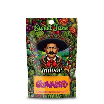 Embalagem colorida com ilustração e texto Sweet Jane Indoor GUAVALATO