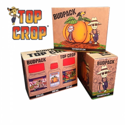 Caixas de produtos Top Crop Budpack com ilustrações coloridas e texto