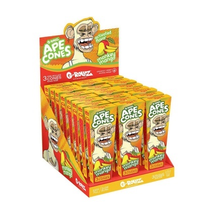 Expositor com caixas amarelas de cones pré-rolled com desenho de macaco e texto G-Rollz Ape Cones monkey mango.