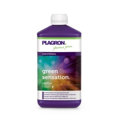 Frasco plástico roxo de aditivo Plagron Green Sensation com rótulo colorido e tampa branca
