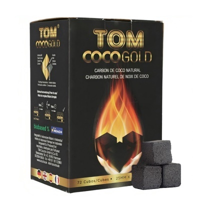 Caixa preta de carvão natural de coco TOM COCO GOLD com três cubos de carvão