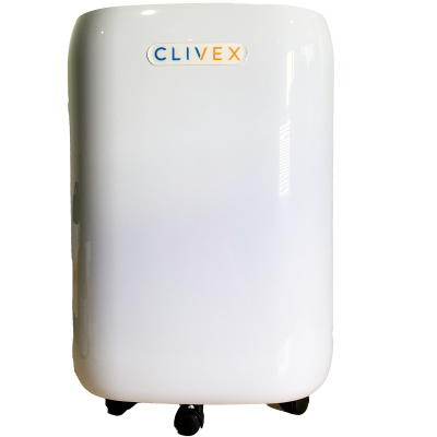 Frigorífico branco com logo CLIVEX azul e laranja