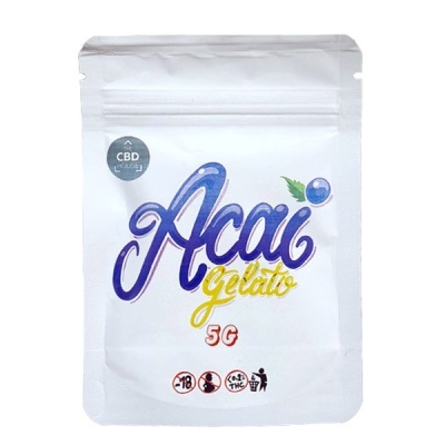 embalagem branca com texto Acai gelato 5G e selo CBD 100% USE