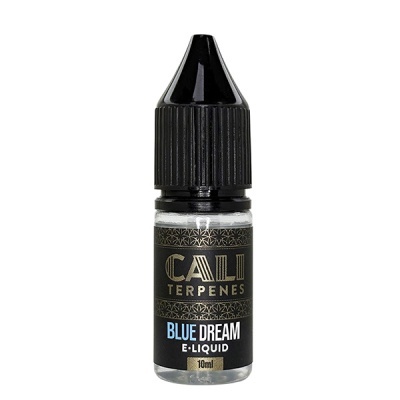 Frasco pequeno com tampa preta e rótulo preto e dourado com texto CALI TERPENES BLUE DREAM E-LIQUID 10ml