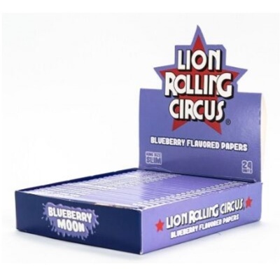 Caixa azul com papéis para enrolar Lion Rolling Circus sabor Blueberry Moon