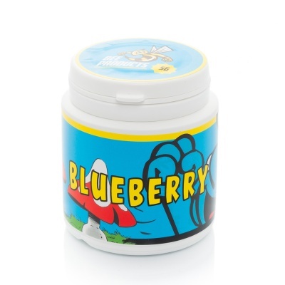 Frasco plástico branco com rótulo azul e amarelo com texto BLUEBERRY e BEE PRODUCTS 5G
