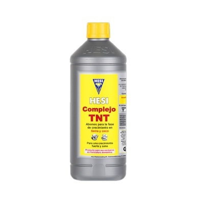 Frasco cinzento com tampa amarela e rótulo amarelo do produto HESI Complejo TNT para fertilização