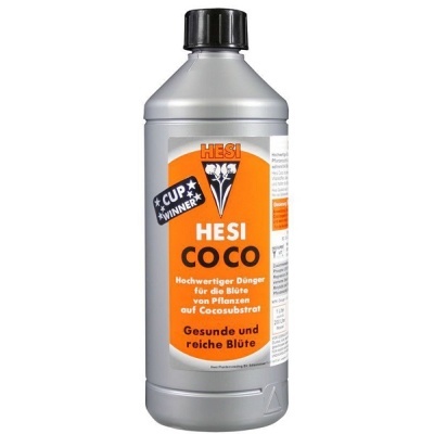 Frasco de fertilizante HESI COCO cinza com rótulo laranja