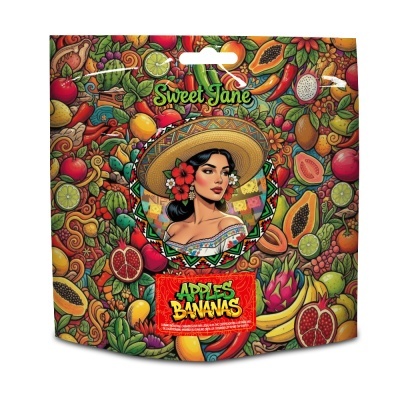 Embalagem colorida com frutas e mulher com chapéu de palha