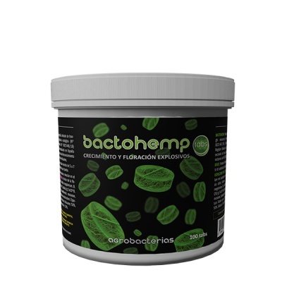 Frasco de comprimidos bactohemp tabs com rótulo preto e verdes
