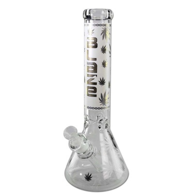 Bong de vidro transparente com folhas de cannabis e texto GLASS BLONO