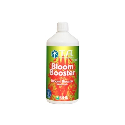 Frasco branco de produto Bloom Booster com rótulo verde e vermelho