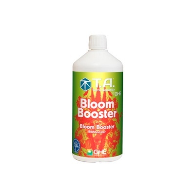 Frasco branco de produto Bloom Booster para plantas com rótulo verde e vermelho
