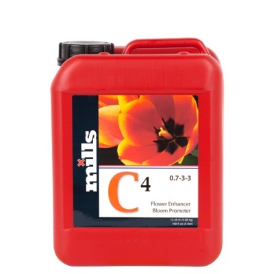 Recipiente vermelho de produto químico com etiqueta da marca Mills e flor laranja