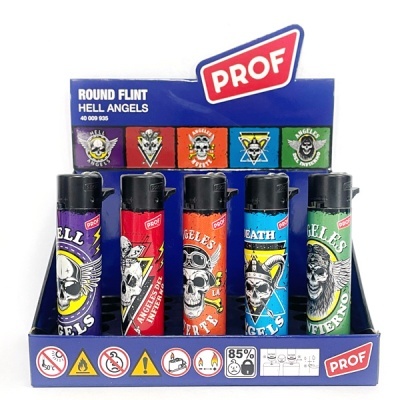 Conjunto de cinco isqueiros PROF coloridos com design de caveiras e texto HELL ANGELS, expostos em caixa azul