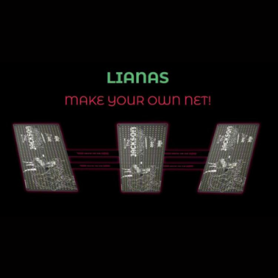 Texto LIANAS e MAKE YOUR OWN NET! com três cartões digitais brilhantes em fundo preto