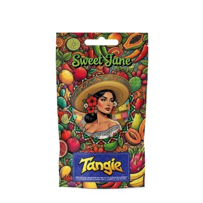 Embalagem colorida com ilustração de mulher e frutas com textos Sweet Jane e Tangie