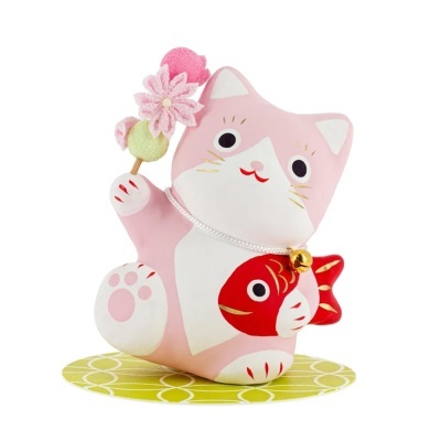Estátua decorativa de gato cor-de-rosa e branco com peixe vermelho e flores