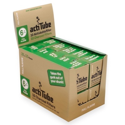 Caixa aberta de filtros de carvão activado actiTube em tons castanho e verde