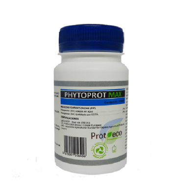 Frasco plástico branco com tampa azul e rótulo PHYTOPROT MAX