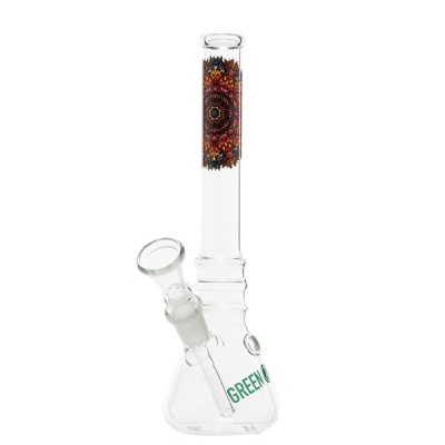 Bong de vidro transparente com padrão colorido mandala e texto GREENO