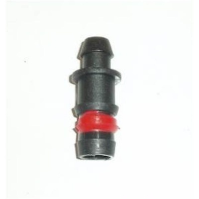 Conector plástico preto com anel vermelho numa superfície branca